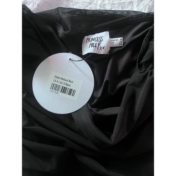 Princess Polly Destin Bodysuit Black Off Shoulder Ruched Mesh Size 4 - Picture 2 of 3